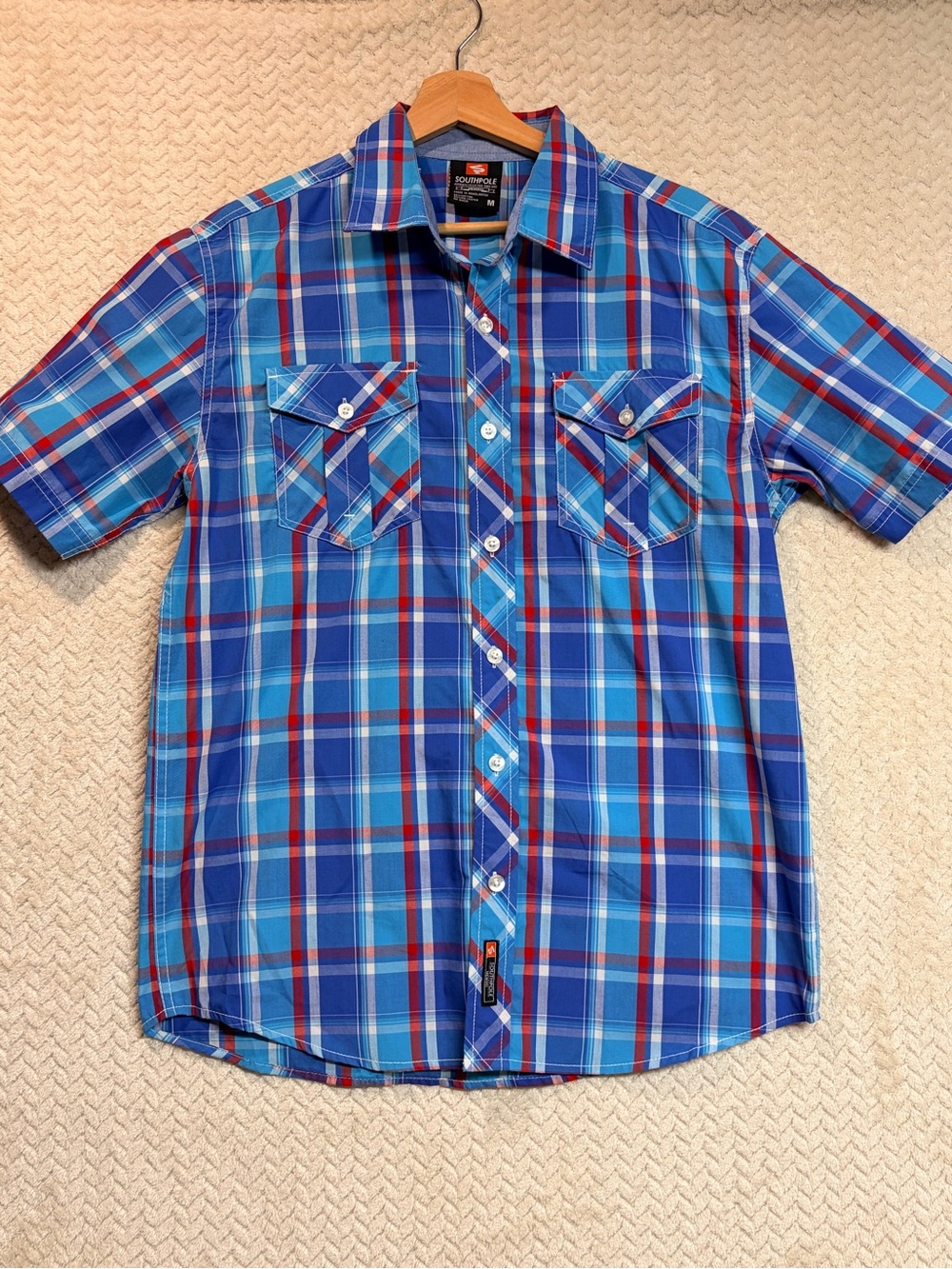 South Pole‎ Plaid Short Sleeve Button Up Shirt Mens Med Blue Red Y2K Streetwear